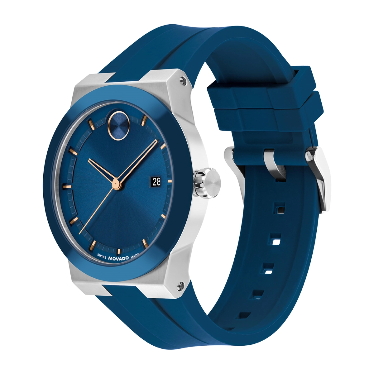 Reloj Movado análogo, para Hombre, tablero redondo color azul, estilo index, pulso silicona color azul, calendario