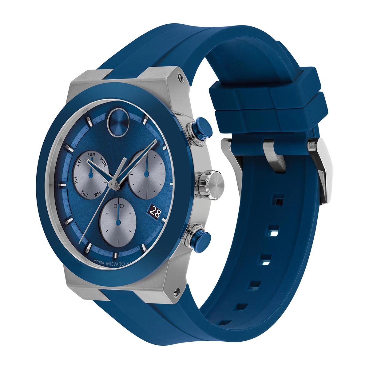 Reloj Movado analogo, para Hombre, tablero redondo colores azul y gris, estilo index, pulso silicona color azul, calendario, cronografo