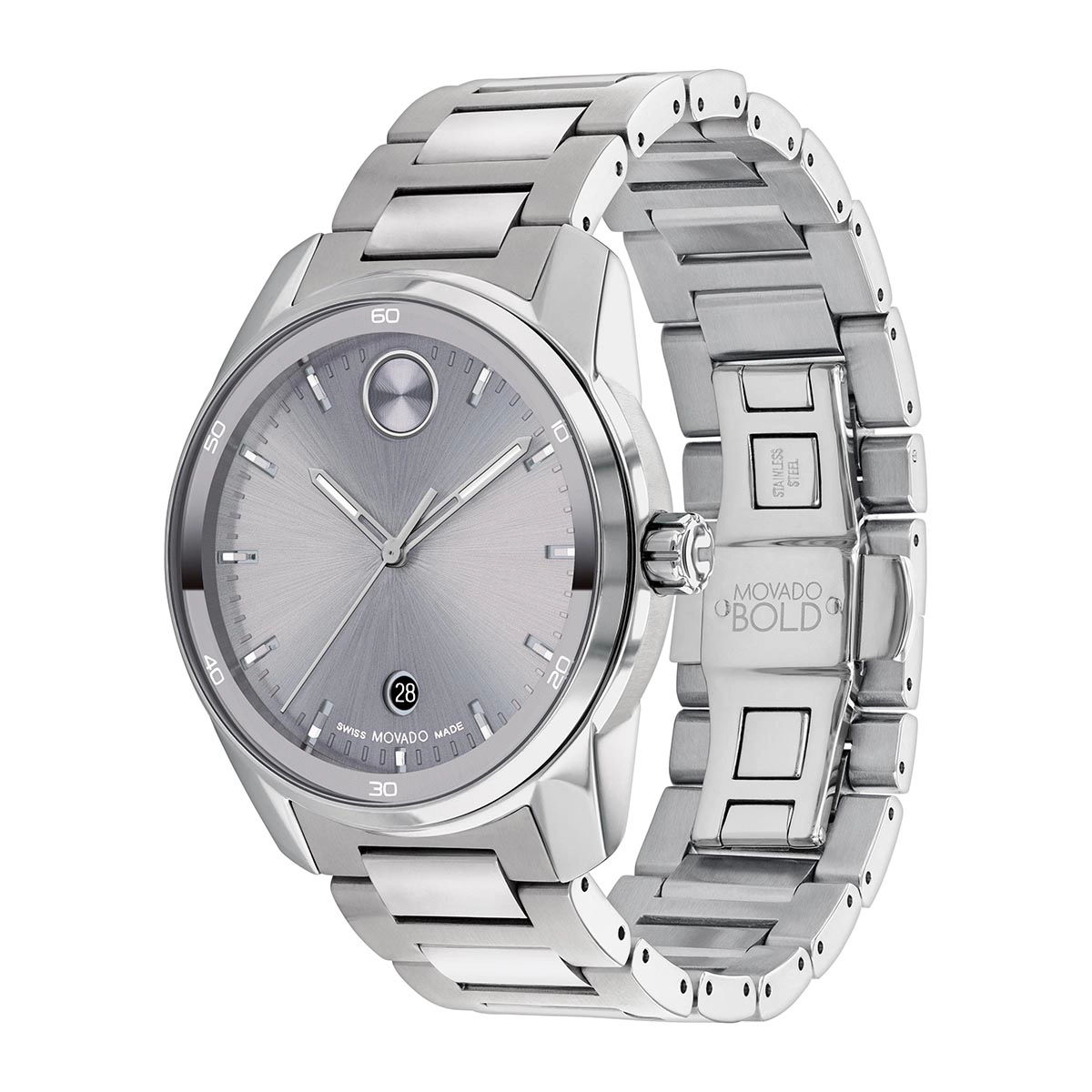 Reloj Movado análogo, para Hombre, tablero redondo color gris, estilo index, pulso acero color plateado, calendario
