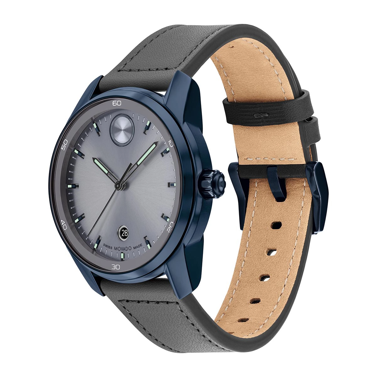 Reloj Movado análogo, para Hombre, tablero redondo color gris, estilo index, pulso cuero color gris, calendario