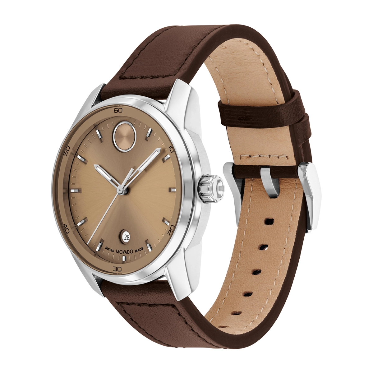 Reloj Movado análogo, para Hombre, tablero redondo color café, estilo index, pulso cuero color café, calendario