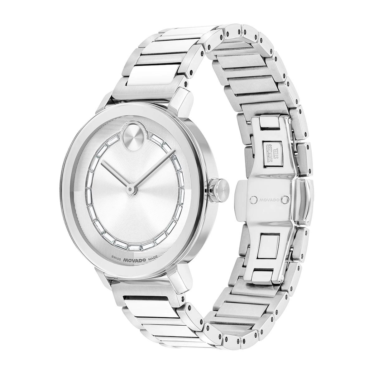 Reloj Movado análogo, para Dama, tablero redondo color plateado, estilo sin números, pulso acero color plateado