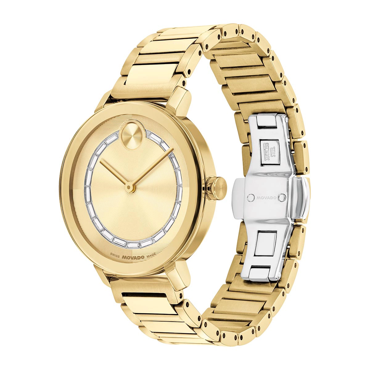 Reloj Movado análogo, para Dama, tablero redondo color dorado, estilo sin números, pulso acero color dorado