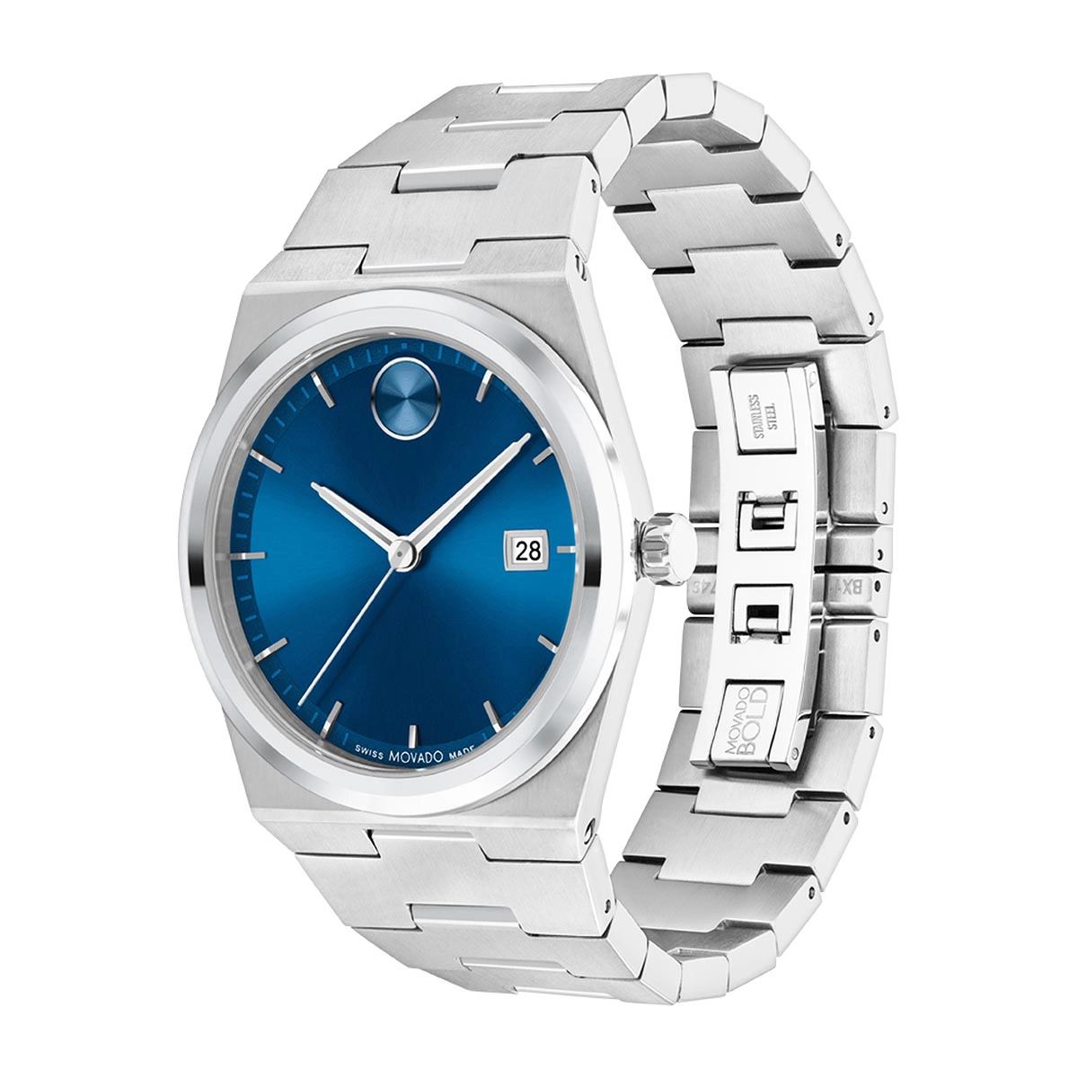 Reloj Movado análogo, para Hombre, tablero redondo colores azul y plateado, estilo index, pulso acero color plateado, calendario