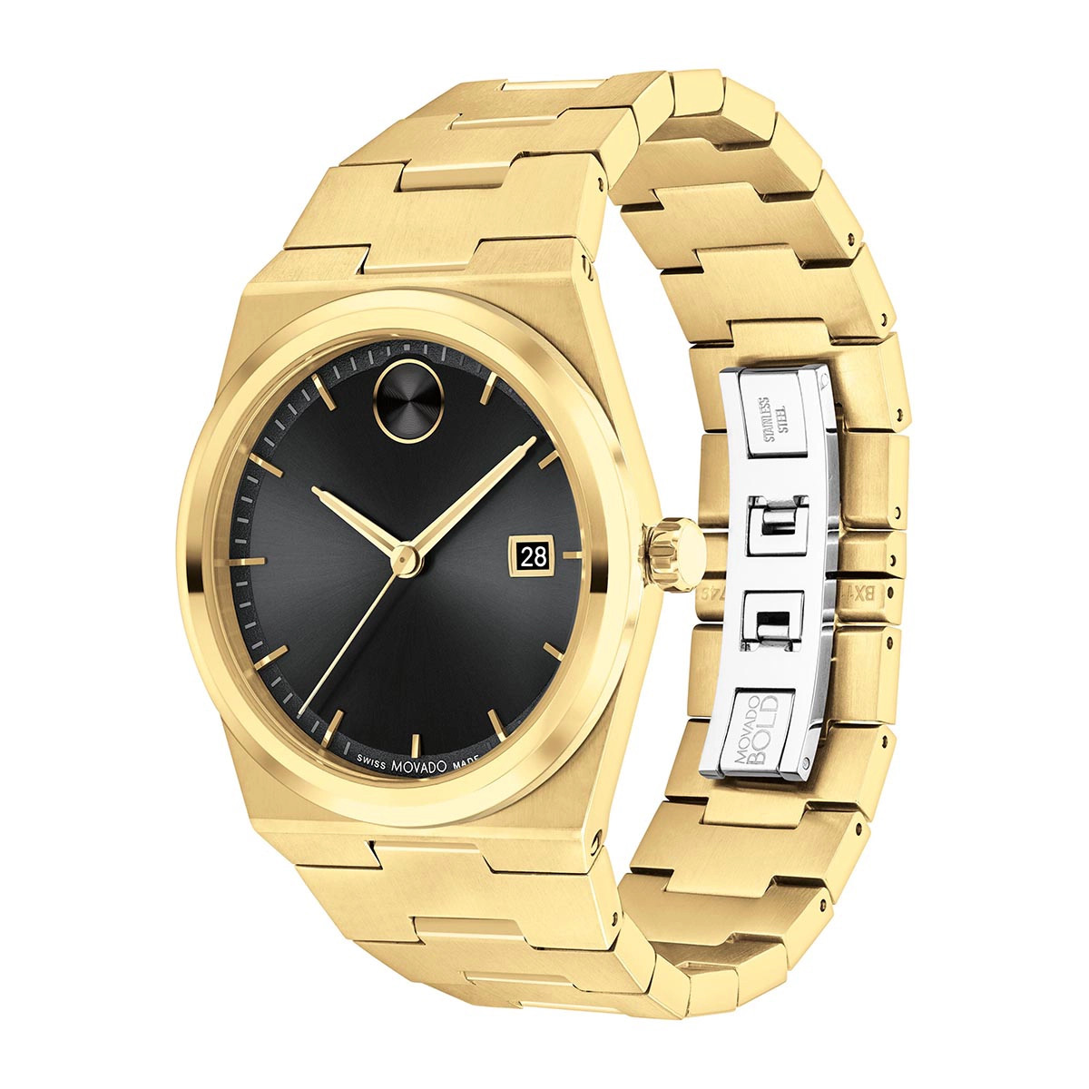 Reloj Movado análogo, para Hombre, tablero redondo colores negro y dorado, estilo index, pulso acero color dorado, calendario