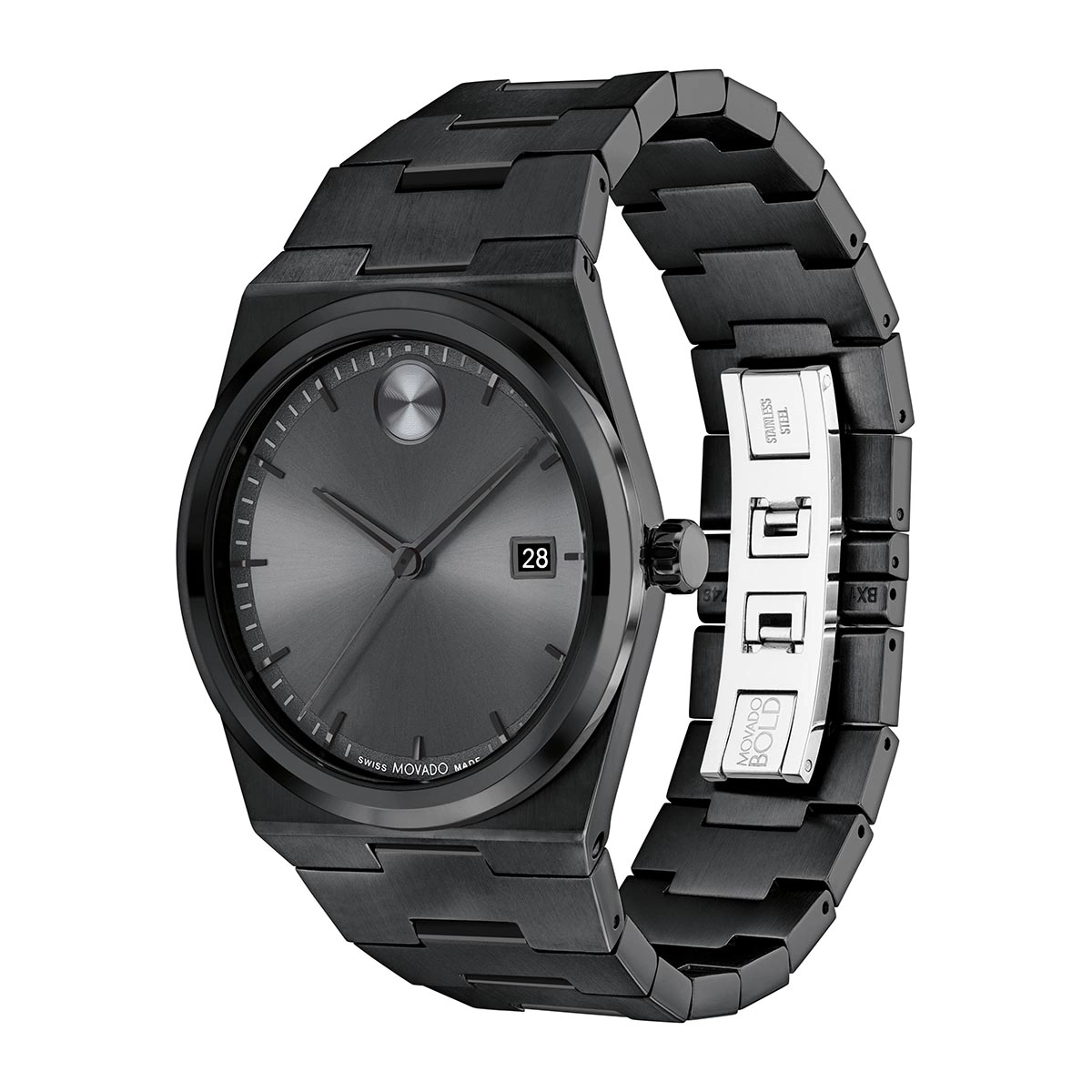 Reloj Movado análogo, para Hombre, tablero redondo color gris, estilo index, pulso acero color negro, calendario