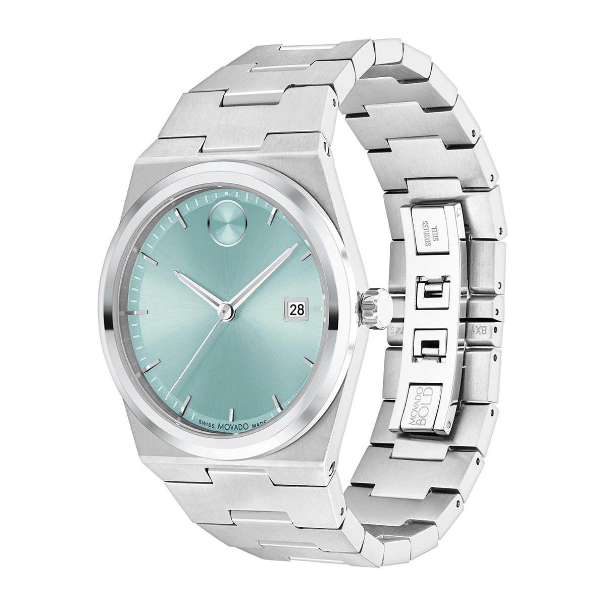 Reloj Movado análogo, para Hombre, tablero redondo colores azul y plateado, estilo index, pulso acero color plateado, calendario