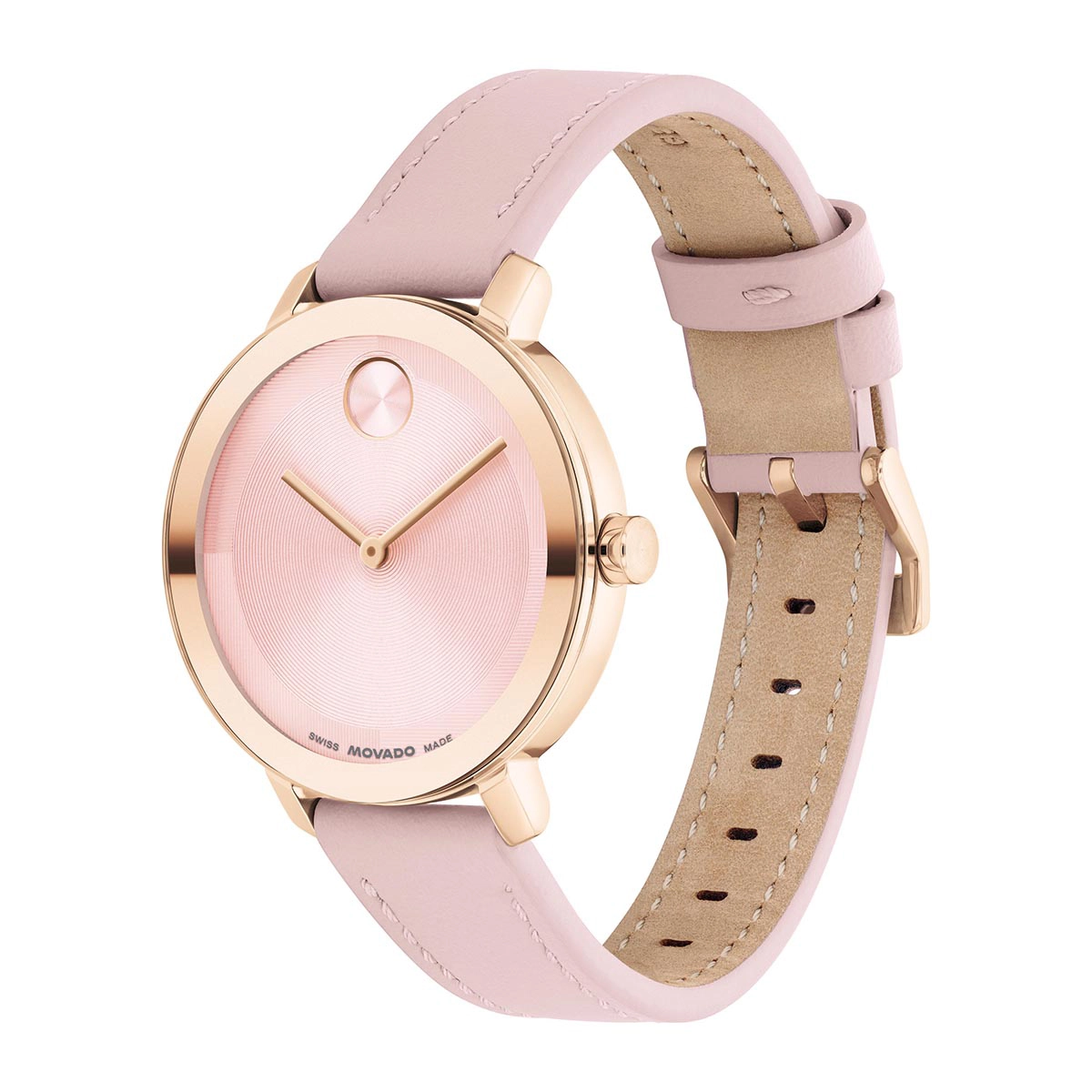 Reloj Movado análogo, para Dama, tablero redondo colores rosado y rosa, estilo sin números, pulso cuero color rosado