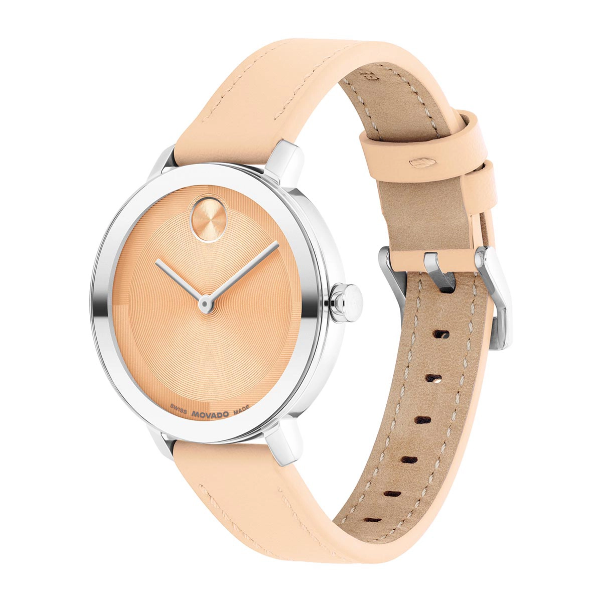 Reloj Movado análogo, para Dama, tablero redondo colores rosa y plateado, estilo sin números, pulso cuero color naranja