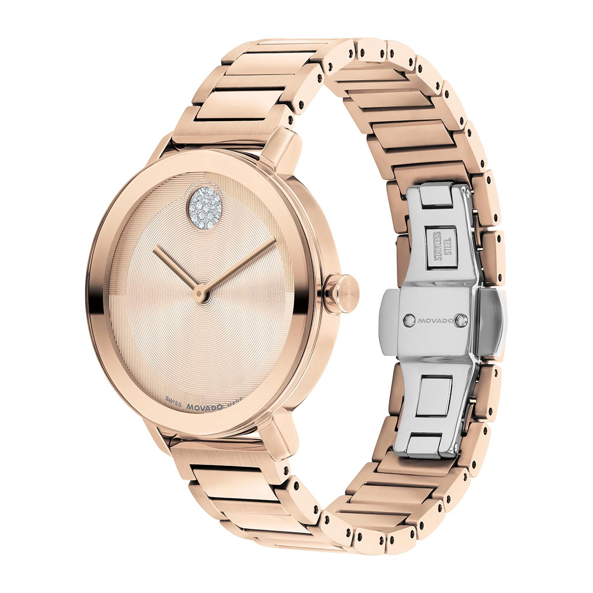 Reloj Movado análogo, para Dama, tablero redondo color rosa, estilo sin números, pulso acero color rosa