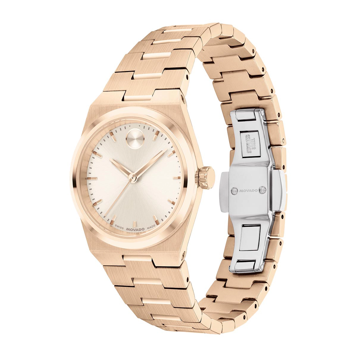 Reloj Movado análogo, para Dama, tablero redondo color rosa, estilo index, pulso acero color rosa