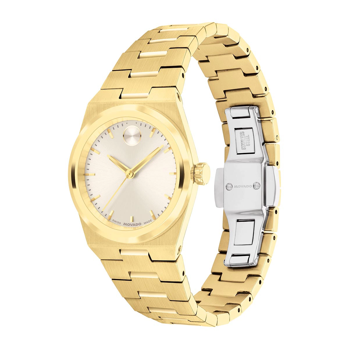Reloj Movado análogo, para Dama, tablero redondo color dorado, estilo index, pulso acero color dorado