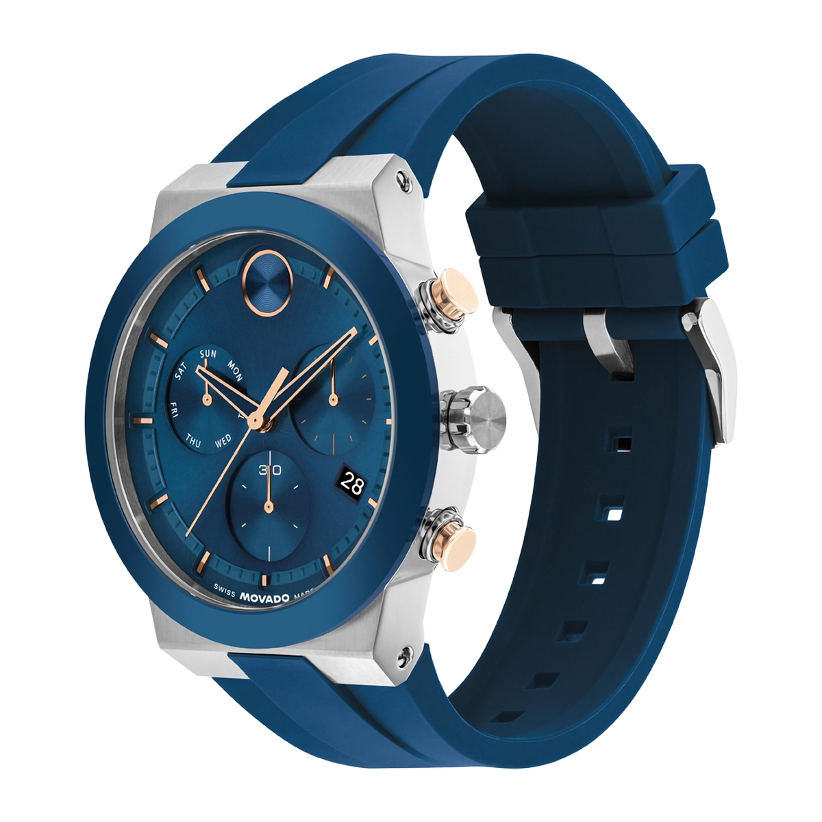 Reloj Movado análogo, para Hombre, tablero redondo color azul, estilo index, pulso silicona color azul, calendario, cronografo