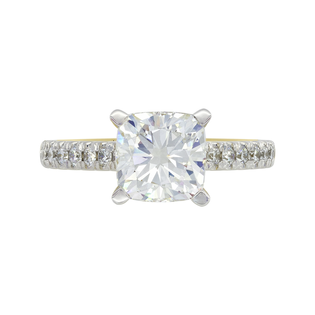 Anillo de compromiso con diamante de laboratorio central cuadrado IGI de 2.00ct y decoración en diamantes de laboratorio, oro 2 tonos 18k, rodinado