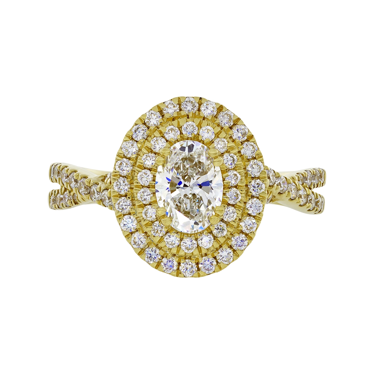 Anillo de compromiso halo doble, con diamante de laboratorio central óvalo IGI de 0.70ct y decoración en diamantes de laboratorio, oro tono amarillo 18k