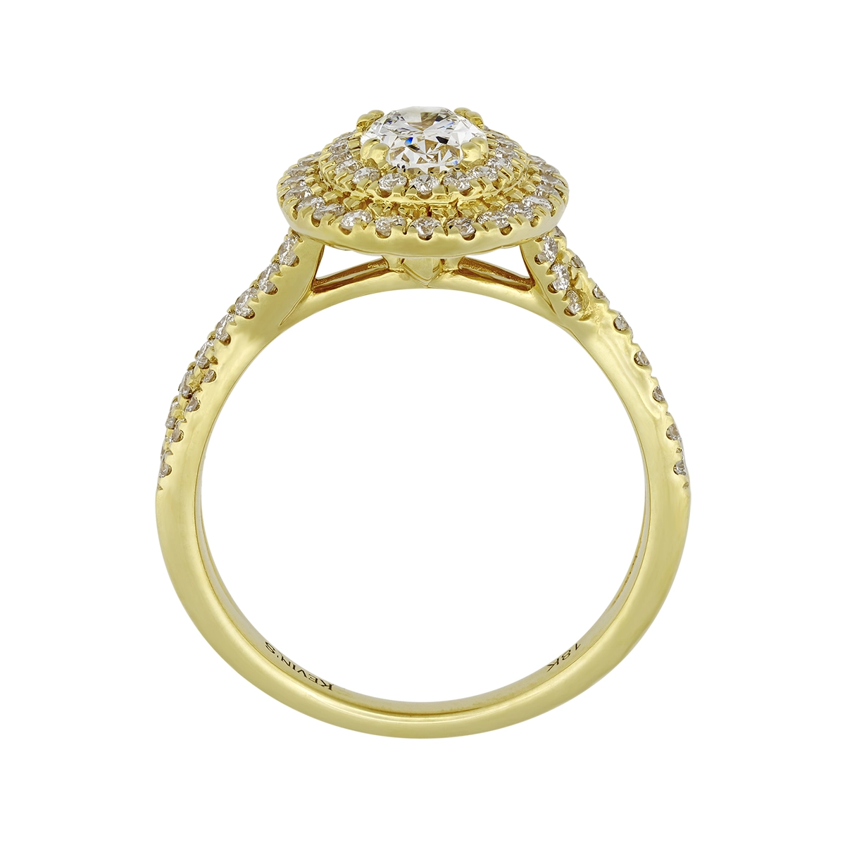 Anillo de compromiso halo doble, con diamante de laboratorio central óvalo IGI de 0.70ct y decoración en diamantes de laboratorio, oro tono amarillo 18k