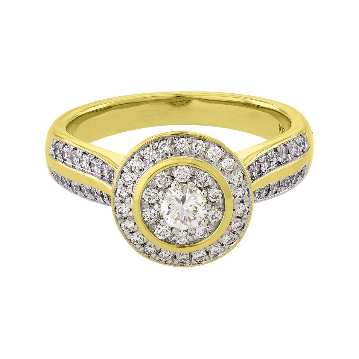 Anillo de compromiso halo redondo, con diamante central redondo de 0.17ct y decoración en diamantes, oro 2 tonos 18k, rodinado
