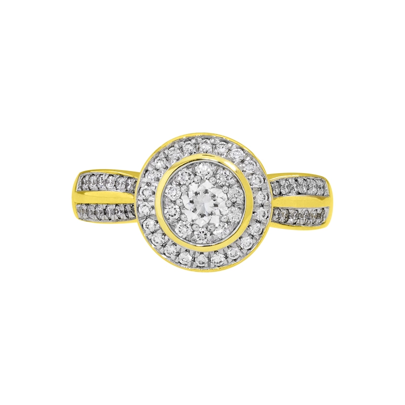 Anillo de compromiso halo redondo, con diamante central redondo de 0.17ct y decoración en diamantes, oro 2 tonos 18k, rodinado