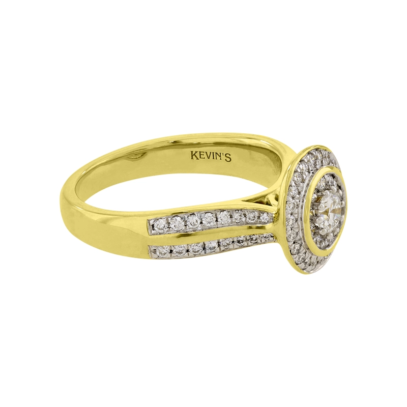 Anillo de compromiso halo redondo, con diamante central redondo de 0.17ct y decoración en diamantes, oro 2 tonos 18k, rodinado