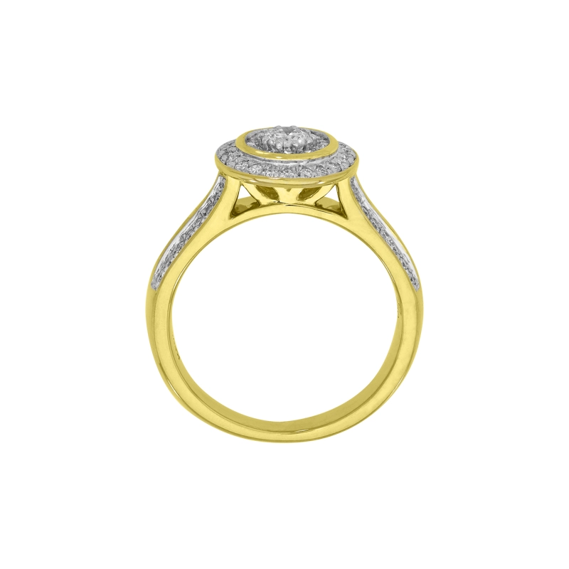 Anillo de compromiso halo redondo, con diamante central redondo de 0.17ct y decoración en diamantes, oro 2 tonos 18k, rodinado