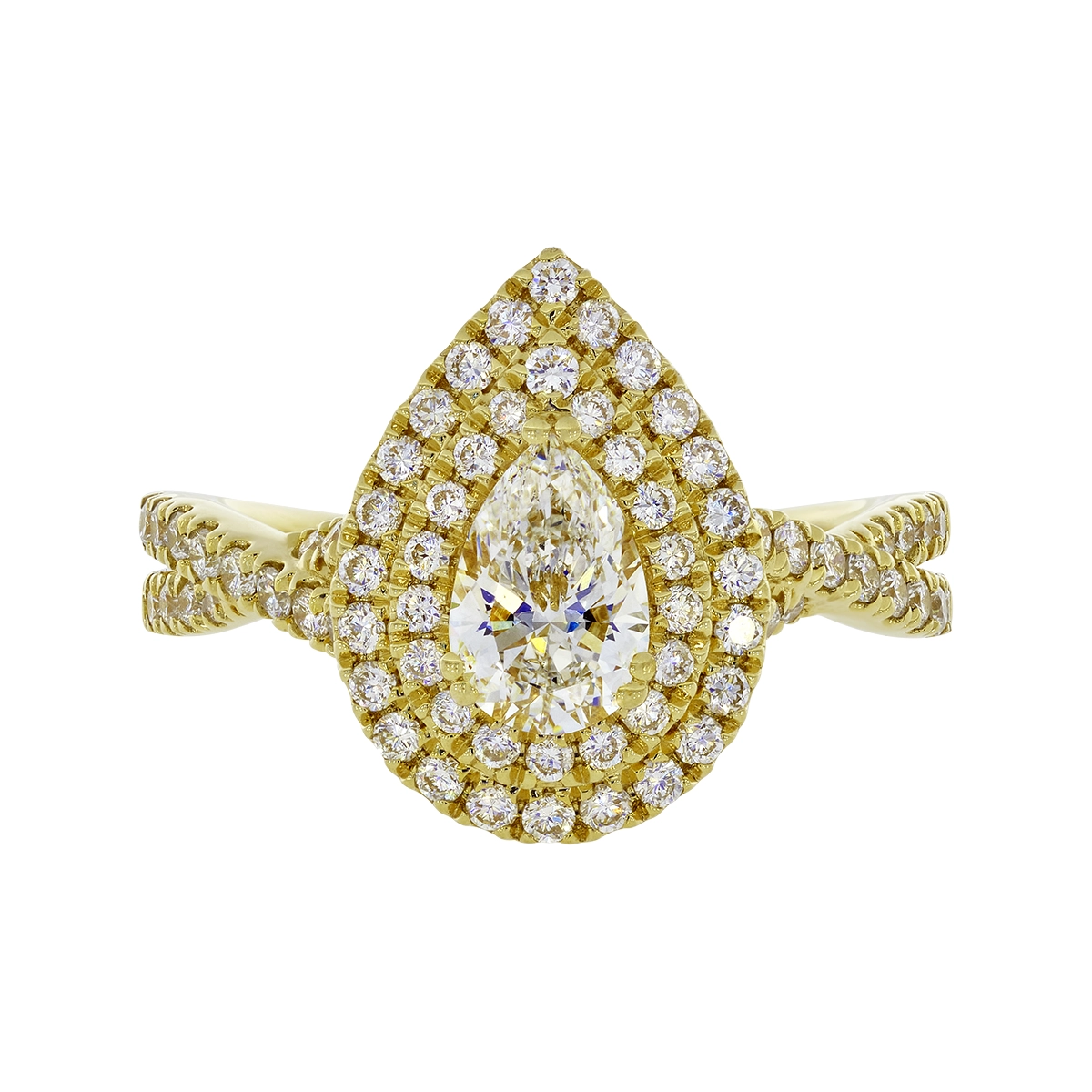 Anillo de compromiso halo doble, con diamante de laboratorio central pera IGI de 0.70ct y decoración en diamantes de laboratorio, oro tono amarillo 18k