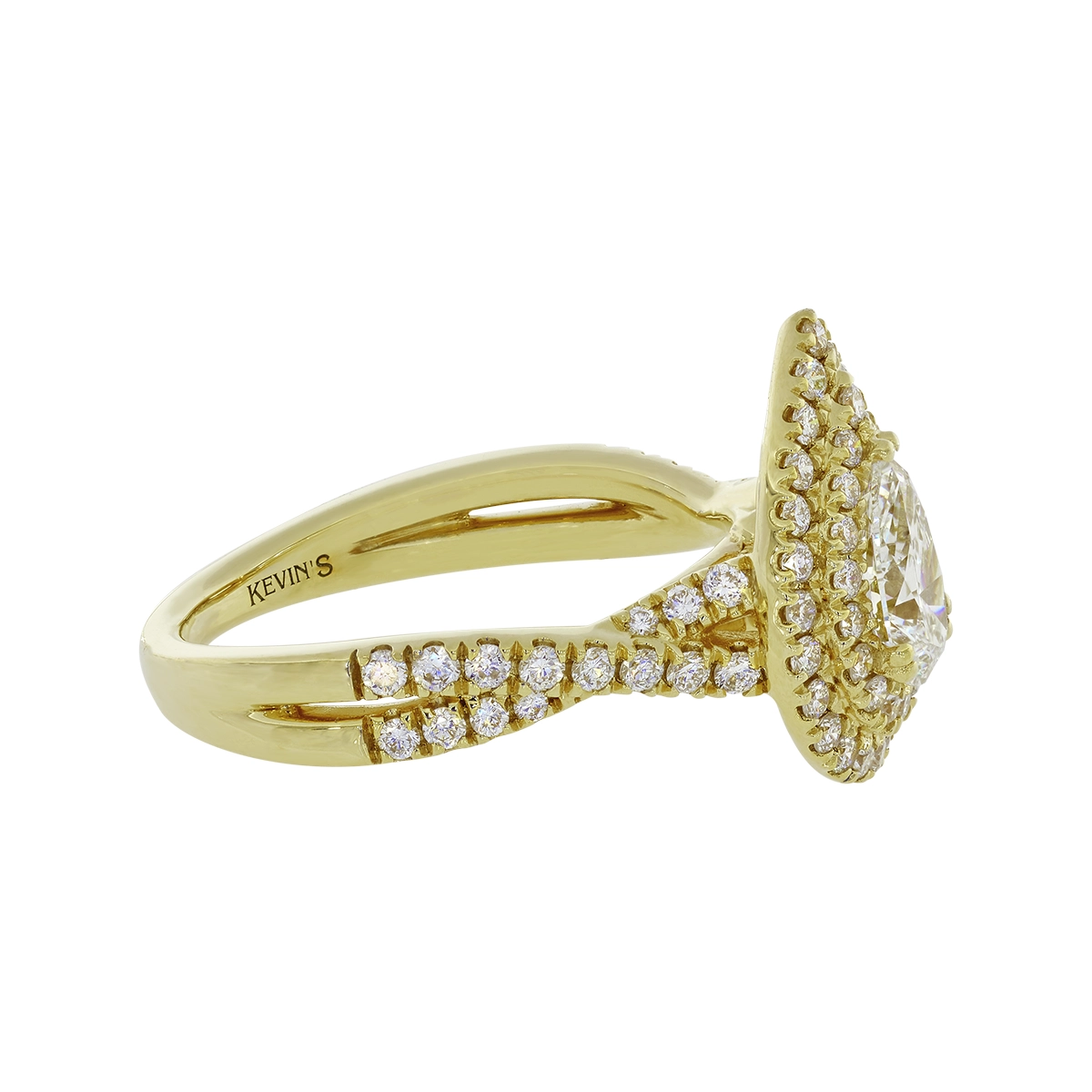 Anillo de compromiso halo doble, con diamante de laboratorio central pera IGI de 0.70ct y decoración en diamantes de laboratorio, oro tono amarillo 18k