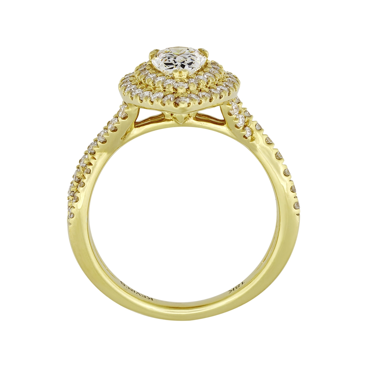 Anillo de compromiso halo doble, con diamante de laboratorio central pera IGI de 0.70ct y decoración en diamantes de laboratorio, oro tono amarillo 18k