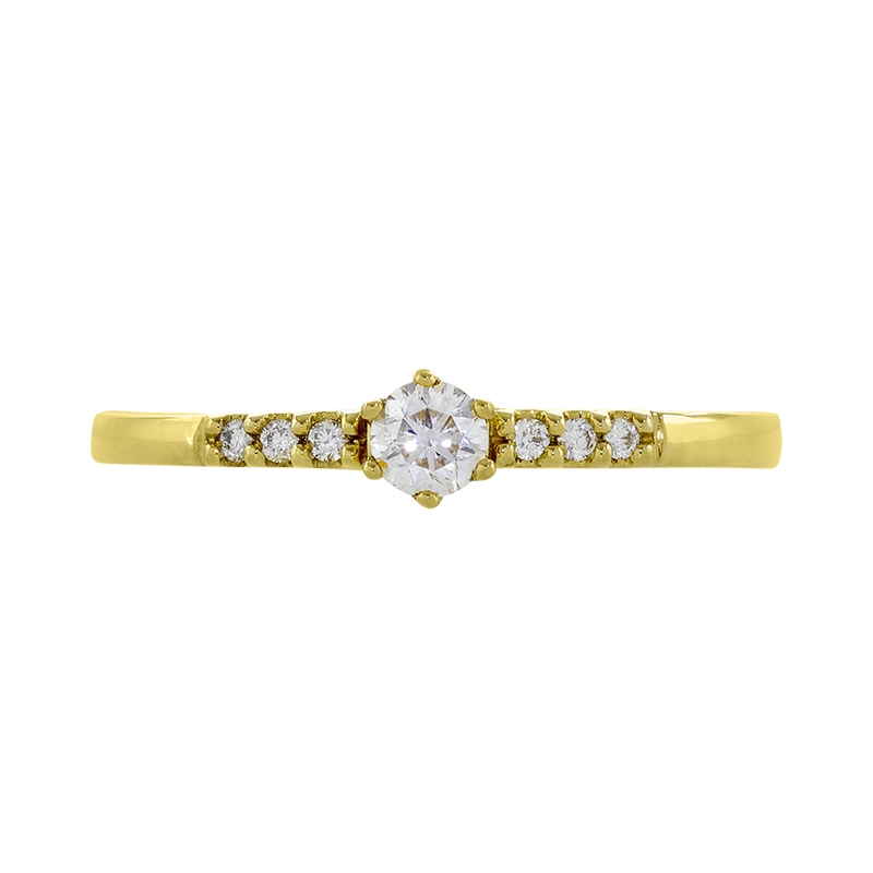 Anillo de compromiso con diamante central redondo de 0.12ct y decoración en diamantes, oro tono amarillo 18k