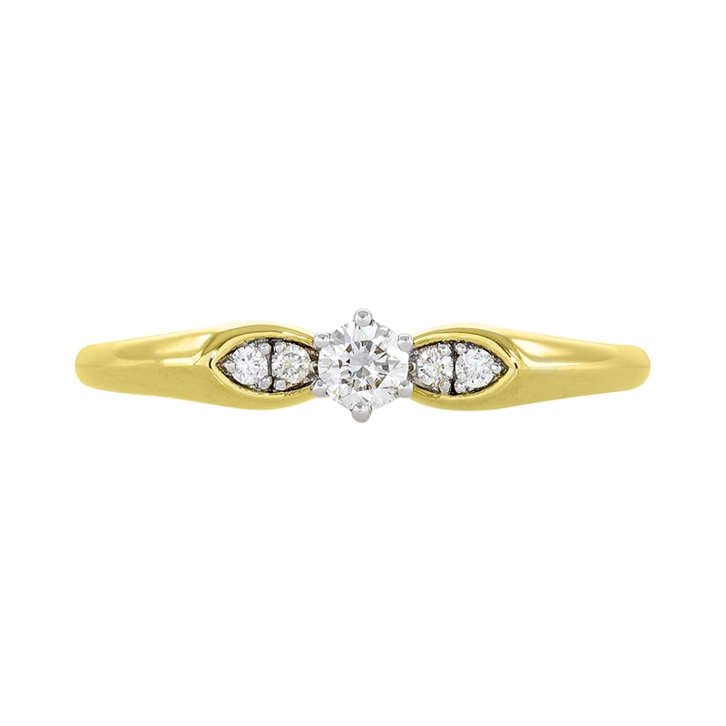 Anillo de compromiso con diamante central redondo de 0.09ct y decoración en diamantes, oro 2 tonos 18k, rodinado