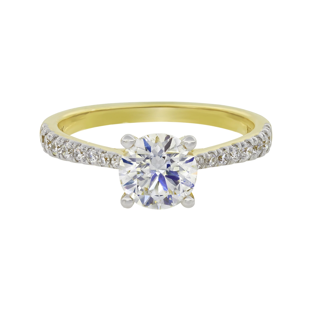 Anillo de compromiso con diamante de laboratorio central redondo IGI de 1.00ct y decoración en diamantes de laboratorio, oro 2 tonos 18k