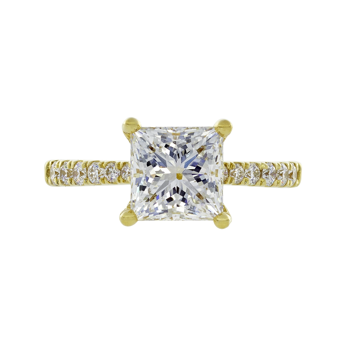 Anillo de compromiso con diamante de laboratorio central princess IGI de 2.00ct y decoración en diamantes de laboratorio, oro tono amarillo 18k