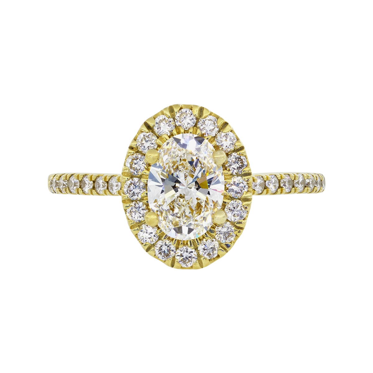 Anillo de compromiso halo oval, con diamante de laboratorio central óvalo IGI de 1.00ct y decoración en diamantes de laboratorio, oro tono amarillo 18k