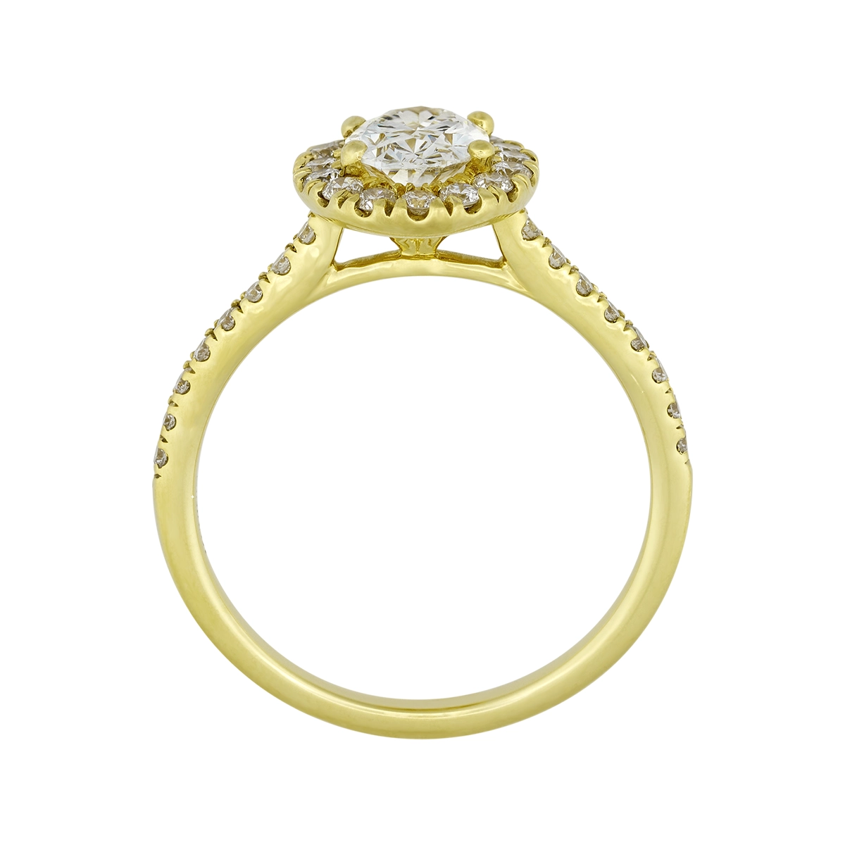 Anillo de compromiso halo oval, con diamante de laboratorio central óvalo IGI de 1.00ct y decoración en diamantes de laboratorio, oro tono amarillo 18k