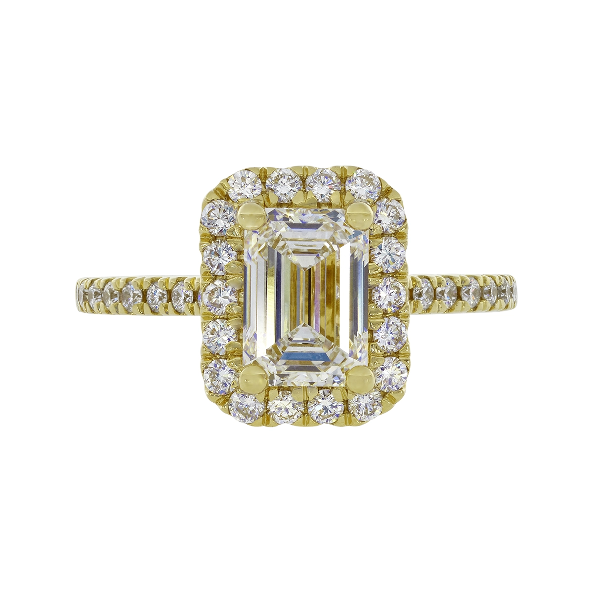 Anillo de compromiso halo rectangular, con diamante de laboratorio central corte esmeralda IGI de 1.50ct y decoración en diamantes de laboratorio, oro tono amarillo 18k