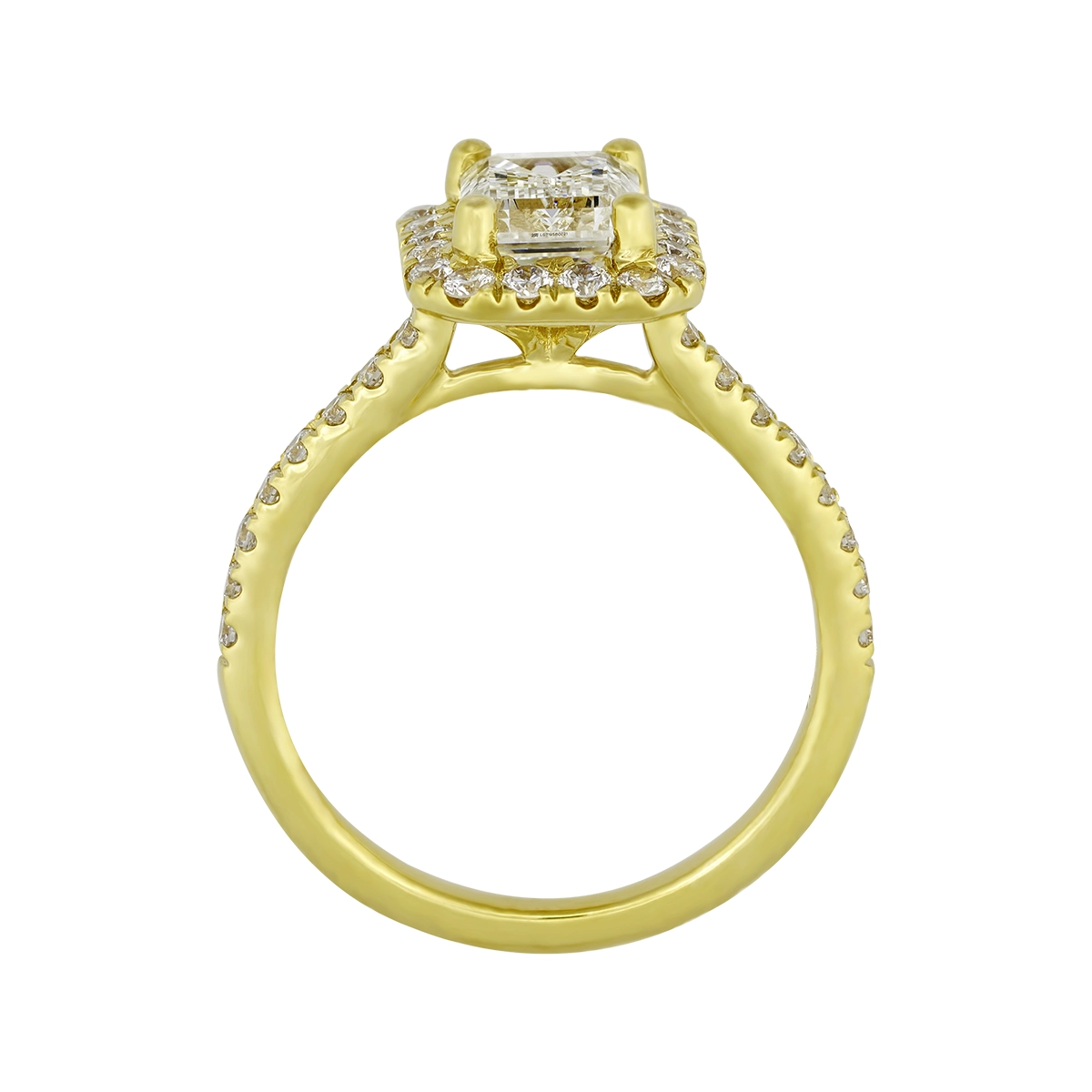 Anillo de compromiso halo rectangular, con diamante de laboratorio central corte esmeralda IGI de 1.50ct y decoración en diamantes de laboratorio, oro tono amarillo 18k