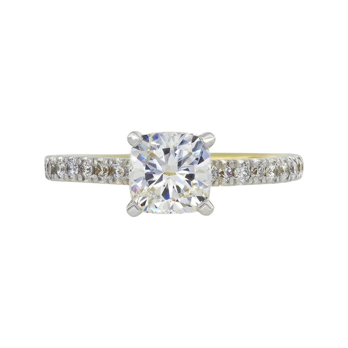 Anillo de compromiso con diamante de laboratorio central cuadrado IGI de 1.00ct y decoración en diamantes de laboratorio, oro 2 tonos 18k, rodinado