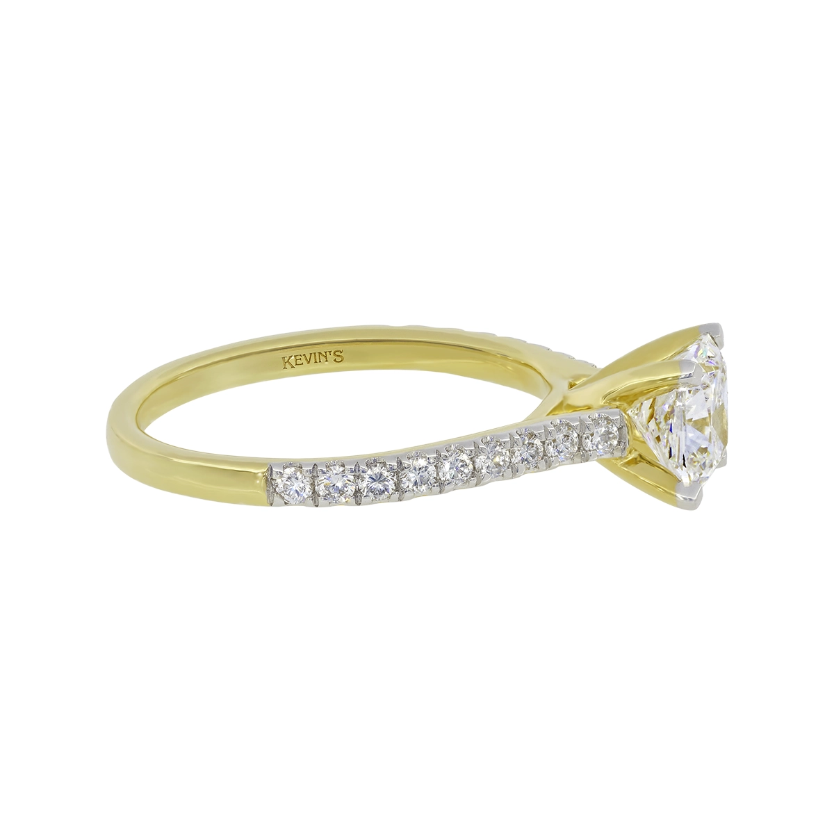 Anillo de compromiso con diamante de laboratorio central cuadrado IGI de 1.00ct y decoración en diamantes de laboratorio, oro 2 tonos 18k, rodinado