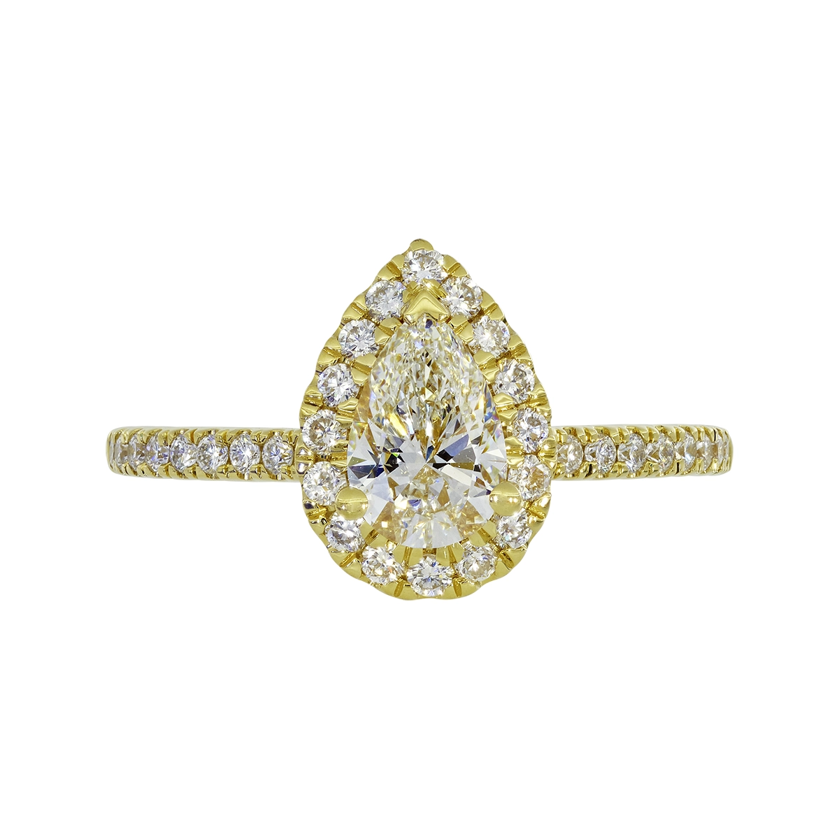 Anillo de compromiso halo pera, con diamante de laboratorio central pera IGI de 0.75ct y decoración en diamantes de laboratorio, oro tono amarillo 18k