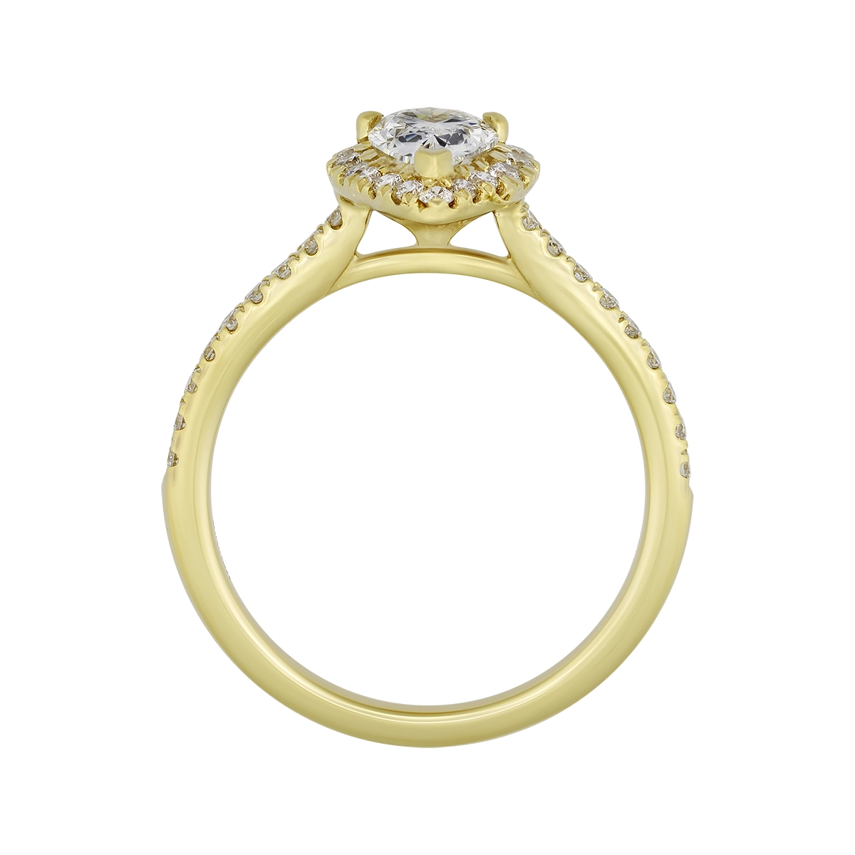 Anillo de compromiso halo pera, con diamante de laboratorio central pera IGI de 0.75ct y decoración en diamantes de laboratorio, oro tono amarillo 18k