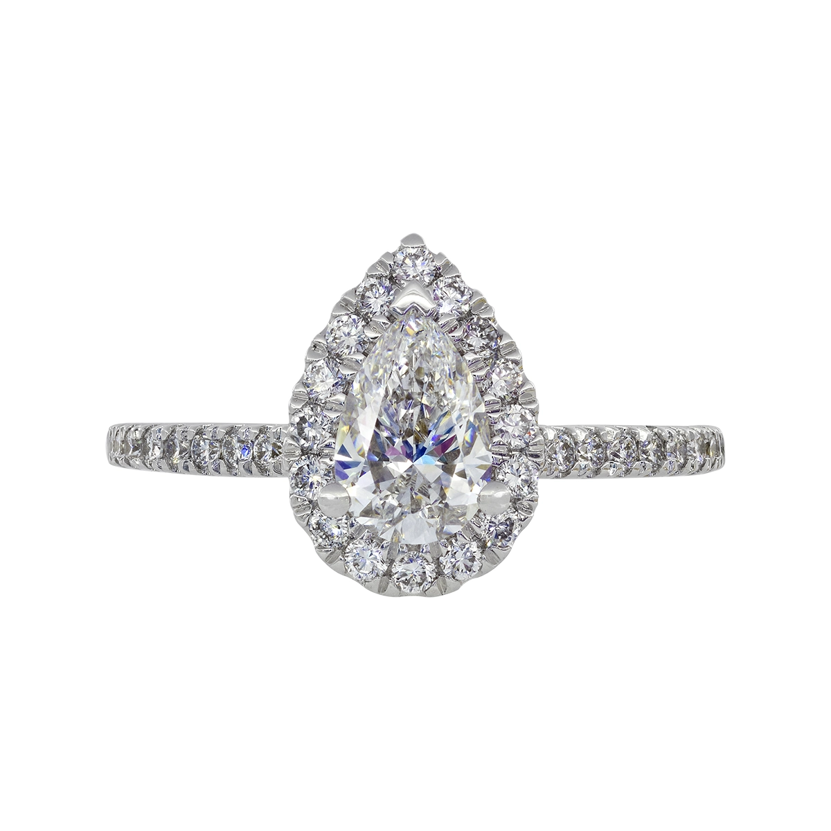Anillo de compromiso halo pera, con diamante de laboratorio central pera IGI de 0.75ct y decoración en diamantes de laboratorio, oro tono blanco 18k, rodinado