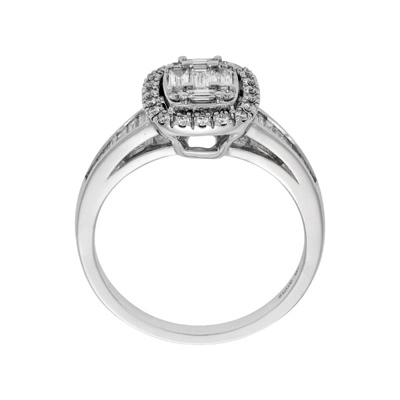 Anillo de compromiso halo rectangular, con diamantes con un peso total de 0.66ct, oro tono blanco 18k, rodinado, liso