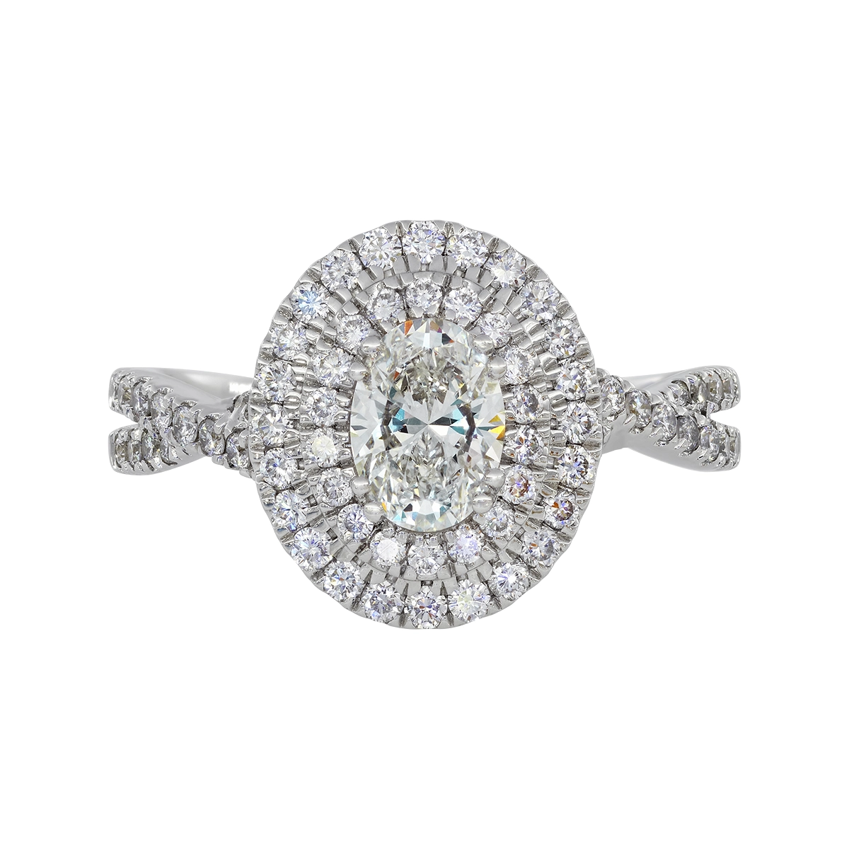 Anillo de compromiso halo doble, con diamante de laboratorio central óvalo IGI de 0.70ct y decoración en diamantes de laboratorio, oro tono blanco 18k, rodinado