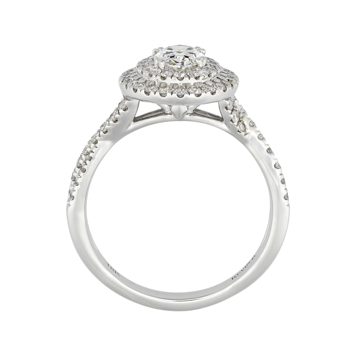Anillo de compromiso halo doble, con diamante de laboratorio central óvalo IGI de 0.70ct y decoración en diamantes de laboratorio, oro tono blanco 18k, rodinado