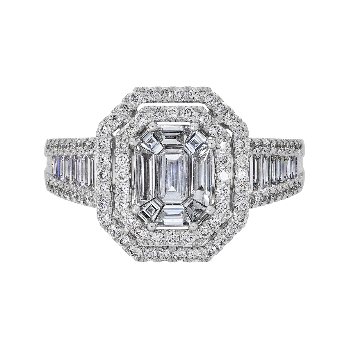 Anillo de compromiso halo doble, con diamantes con un peso total de 1.16ct, oro tono blanco 18k, rodinado, liso