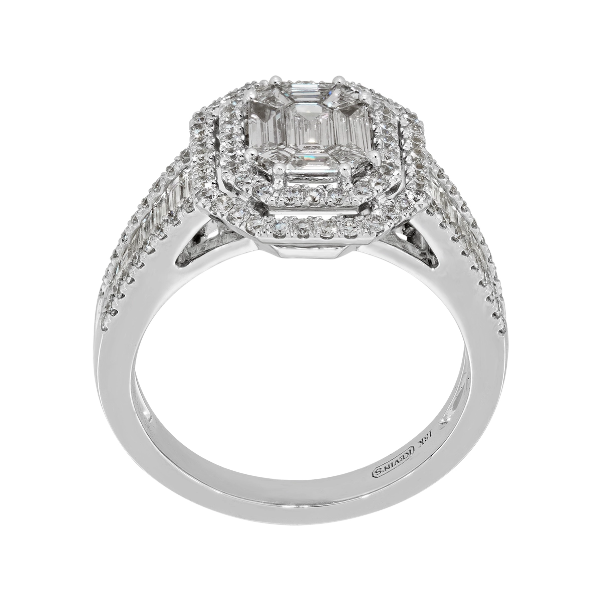 Anillo de compromiso halo doble, con diamantes con un peso total de 1.16ct, oro tono blanco 18k, rodinado, liso