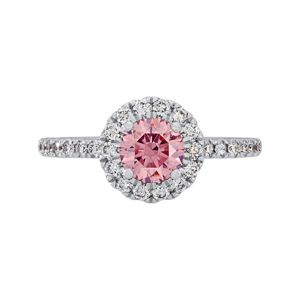 Anillo de compromiso halo redondo, con diamante rosado de laboratorio central redondo IGI de 0.75ct y decoración en diamantes de laboratorio, oro tono blanco 18k, rodinado