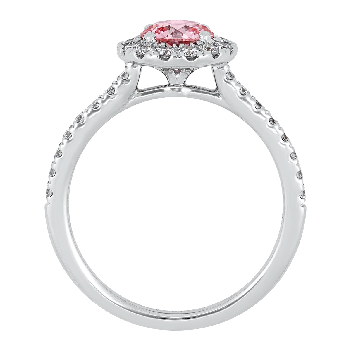 Anillo de compromiso halo redondo, con diamante rosado de laboratorio central redondo IGI de 0.75ct y decoración en diamantes de laboratorio, oro tono blanco 18k, rodinado