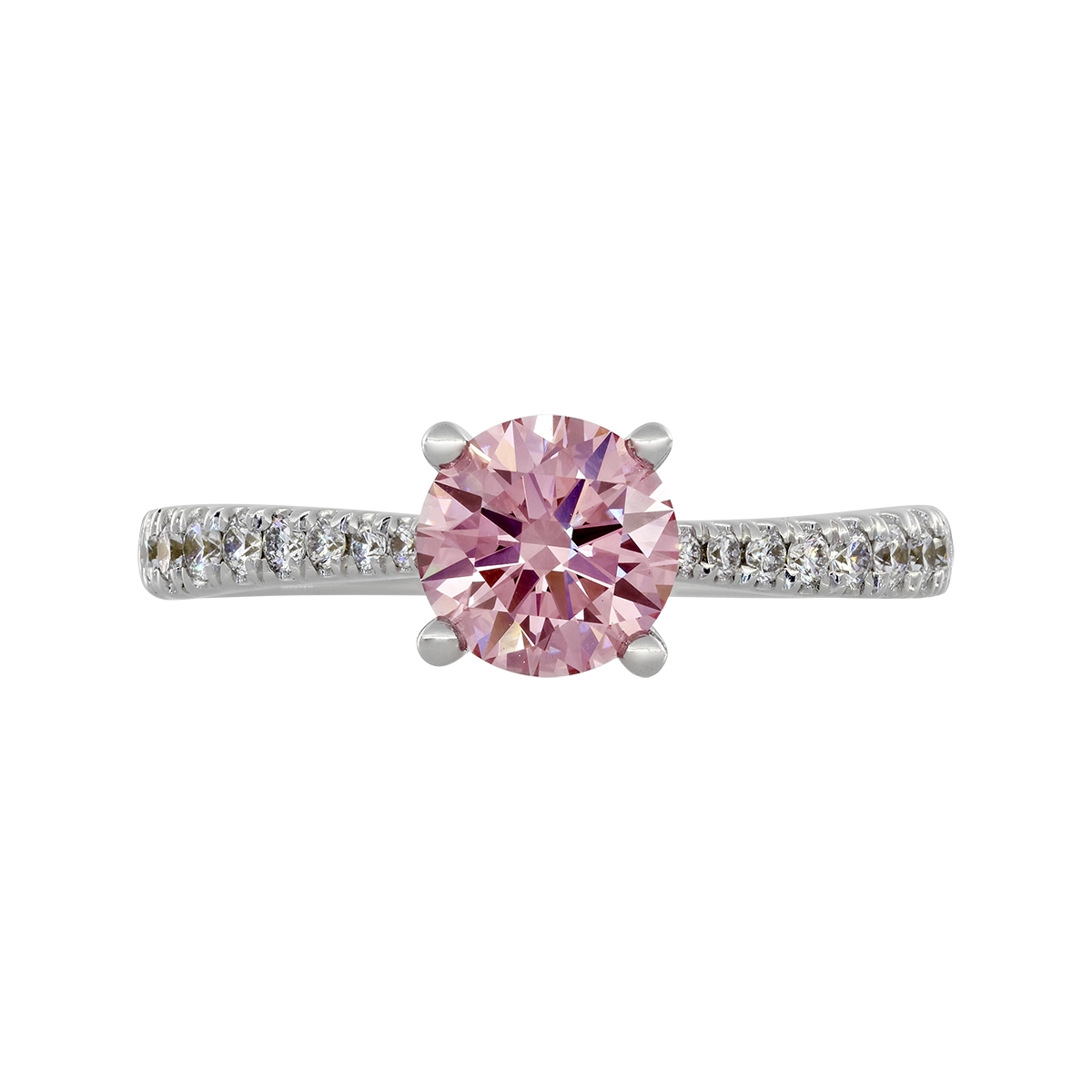 Anillo de compromiso con diamante rosado de laboratorio central redondo IGI de 1.00ct y decoración en diamantes de laboratorio, oro tono blanco 18k, rodinado