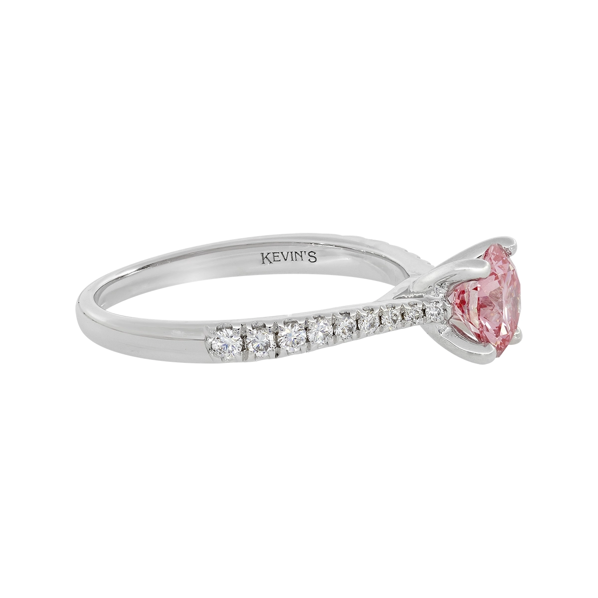 Anillo de compromiso con diamante rosado de laboratorio central redondo IGI de 1.00ct y decoración en diamantes de laboratorio, oro tono blanco 18k, rodinado