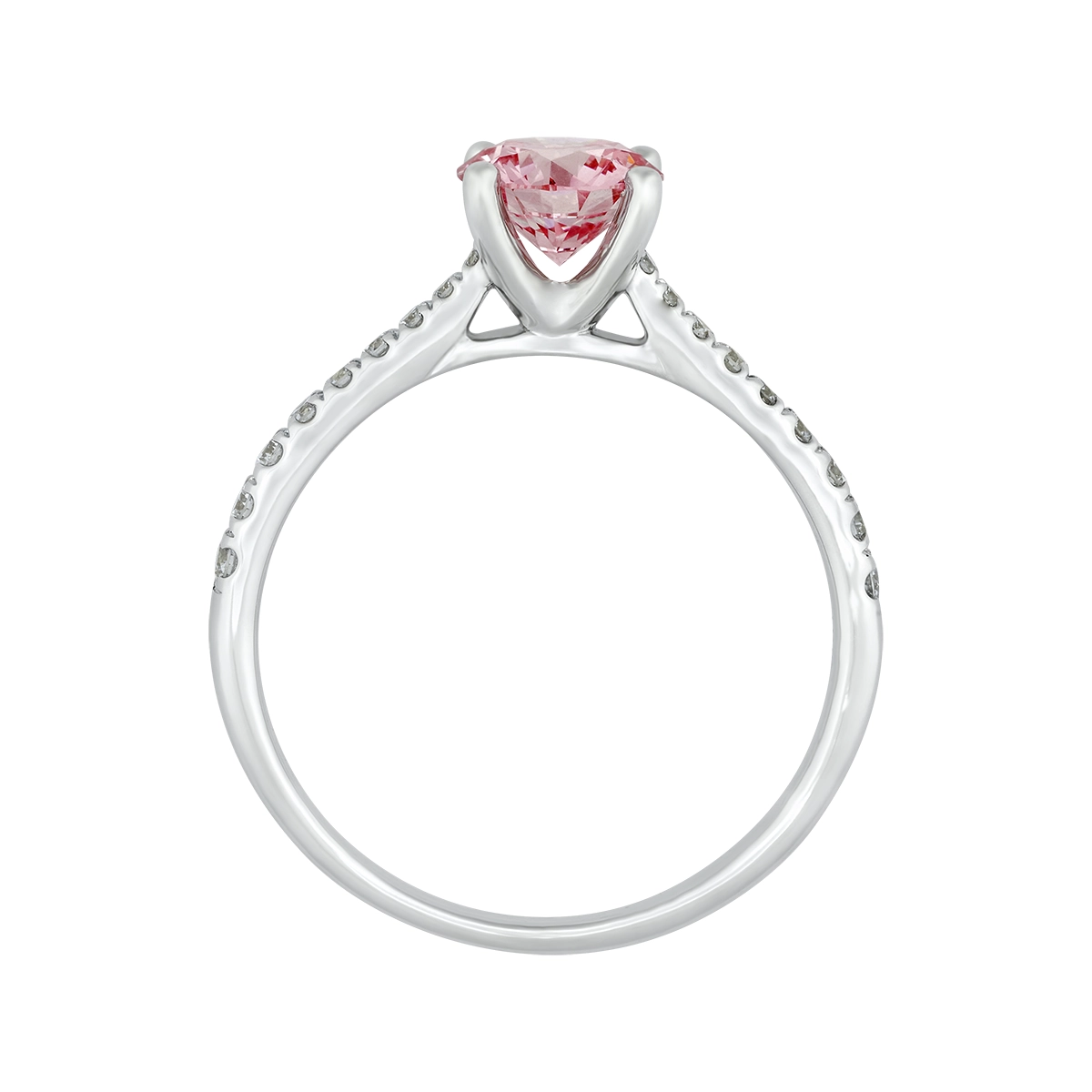 Anillo de compromiso con diamante rosado de laboratorio central redondo IGI de 1.00ct y decoración en diamantes de laboratorio, oro tono blanco 18k, rodinado